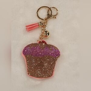 Glittery Rhinestone Cupcake Keychain with Tassel Bag Charm